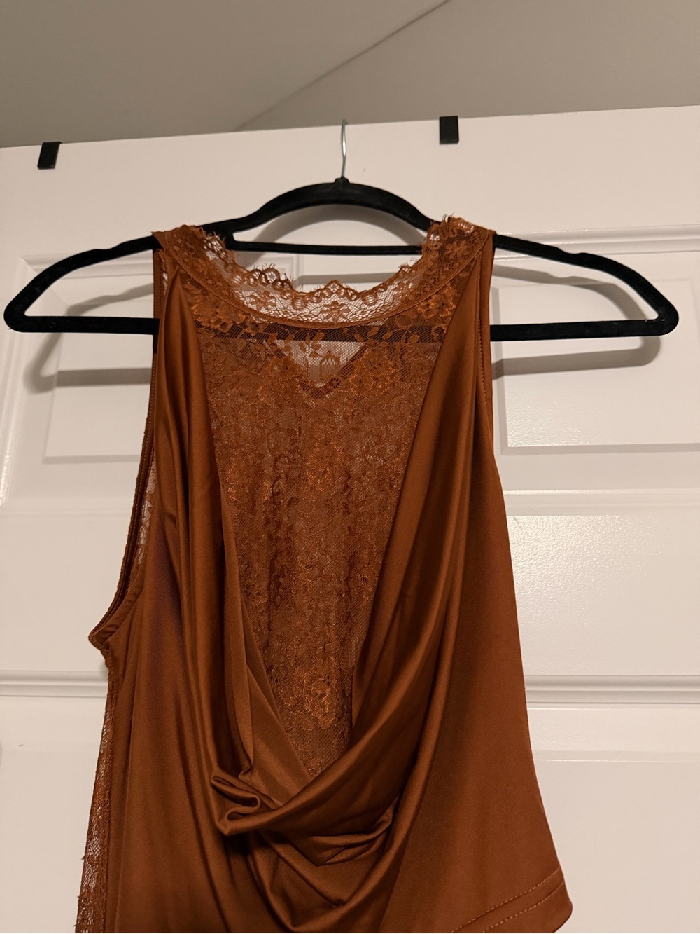 Lace Bodice Cowl Maxi Dress in Rust
